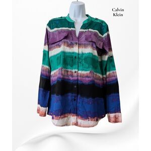 Calvin Klein Blouse Multicolor Striped Button Down Roll Tab Sleeve Top